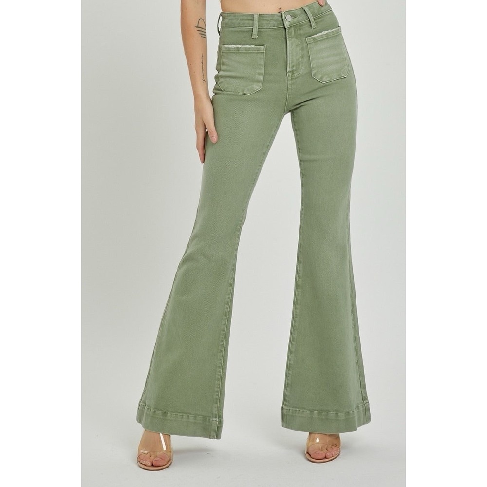 Risen - High Rise Patch Pocket Bell Bottom Jeans Size 0/24 Inseam 32" Olive - Picture 4 of 12